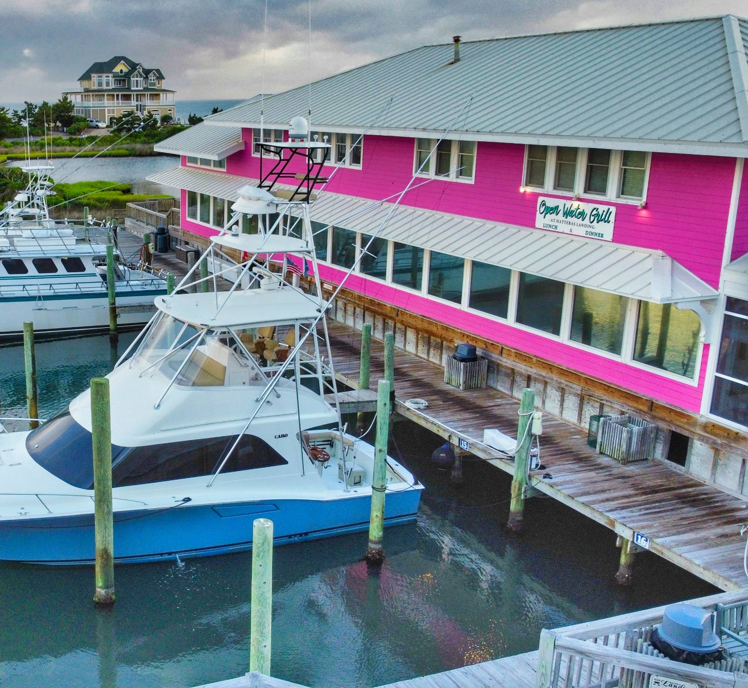 The Open Water Grill and charter docks at Hatteras Landing