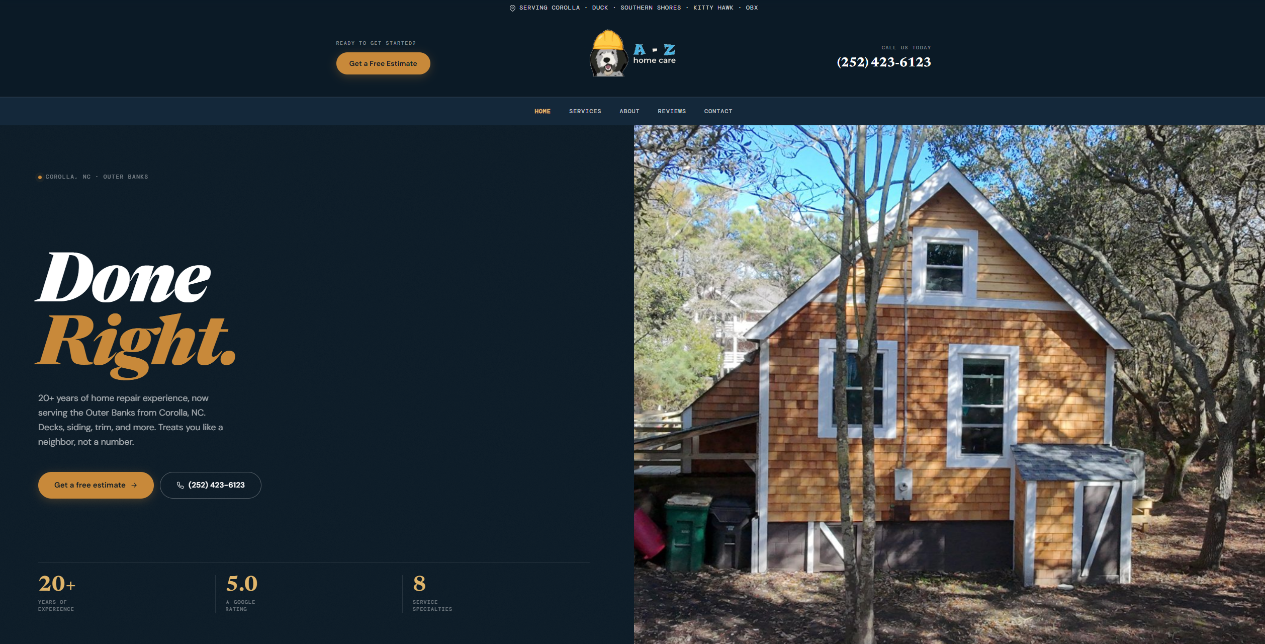A-Z Home Care website homepage, dark navy hero with Done Right headline